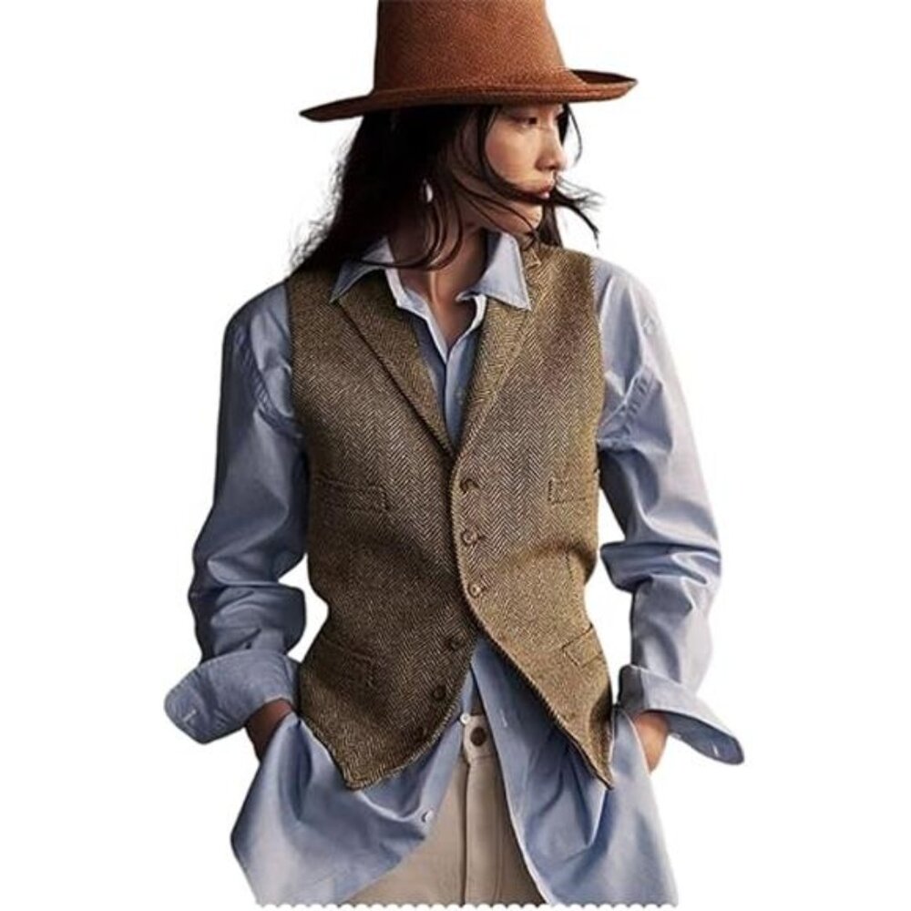 Womens Herringbone Tweed Waistcoat Lapel Sleeveless Blazers V Neck Work Office - Picture 7 of 7